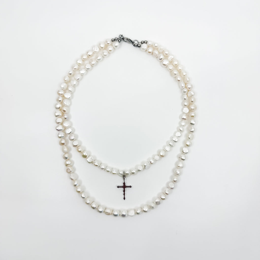 DOUBLE PEARL CROSS NECKLACE