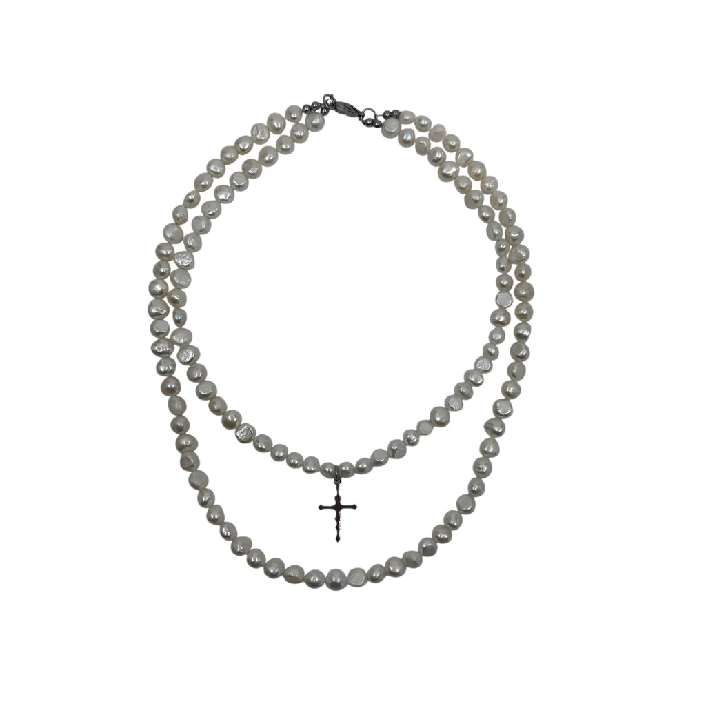 DOUBLE PEARL CROSS NECKLACE